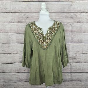 Soft Surroundings Embroidered Fringe Beaded Lagenlook Bohemian Top Large